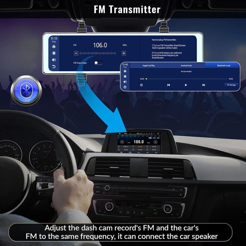 AMprime Mirror Dash Cam with Wireless Apple Carplay&Android Auto,11.26" Voice Control Rear View Mirror 1080P Front and Rear View Dual Cameras,FM Transmitter,Night Vision,Parking Assistance, WDR,Loop Recording - Image 5